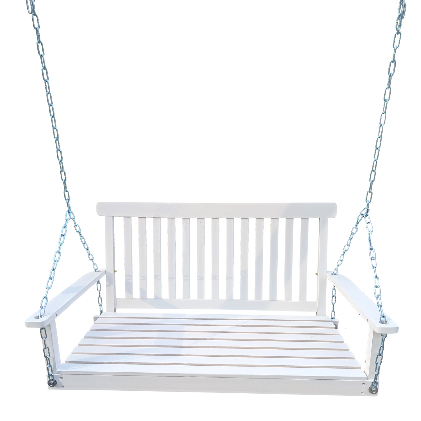 Front Porch Swing with Armrests, Wood Bench Swing with Hanging Chains,for Outdoor Patio,Garden Yard, porch, backyard, or sunroom,Easy to Assemble,white image 2