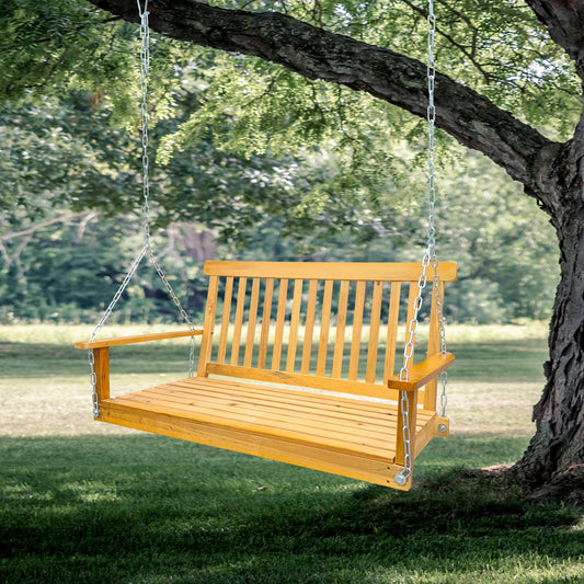 Front Porch Swing with Armrests, Wood Bench Swing with Hanging Chains,for Outdoor Patio,Garden Yard, porch, backyard, or sunroom,Easy to Assemble,teak image 1