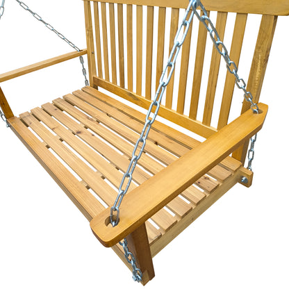 Front Porch Swing with Armrests, Wood Bench Swing with Hanging Chains,for Outdoor Patio,Garden Yard, porch, backyard, or sunroom,Easy to Assemble,teak image 5