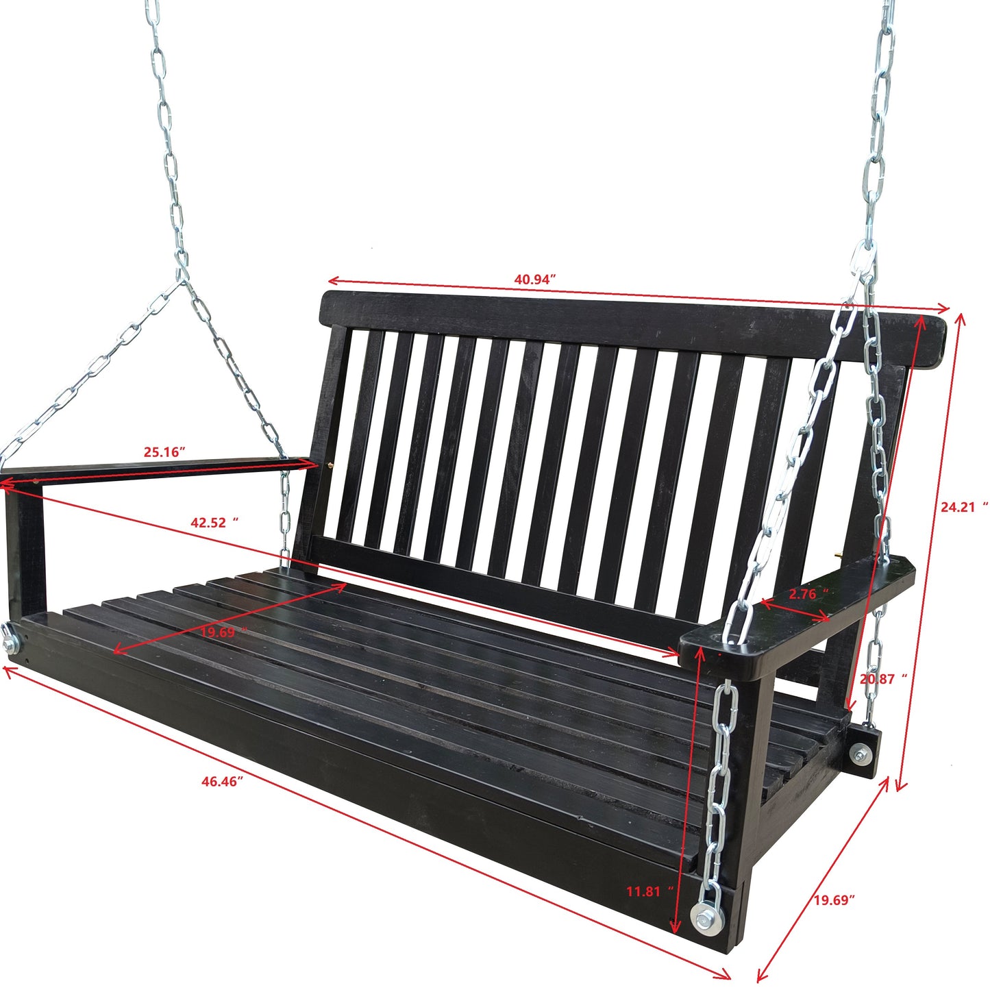 Front Porch Swing with Armrests, Wood Bench Swing with Hanging Chains,for Outdoor Patio,Garden Yard, porch, backyard, or sunroom,Easy to Assemble,black image 8