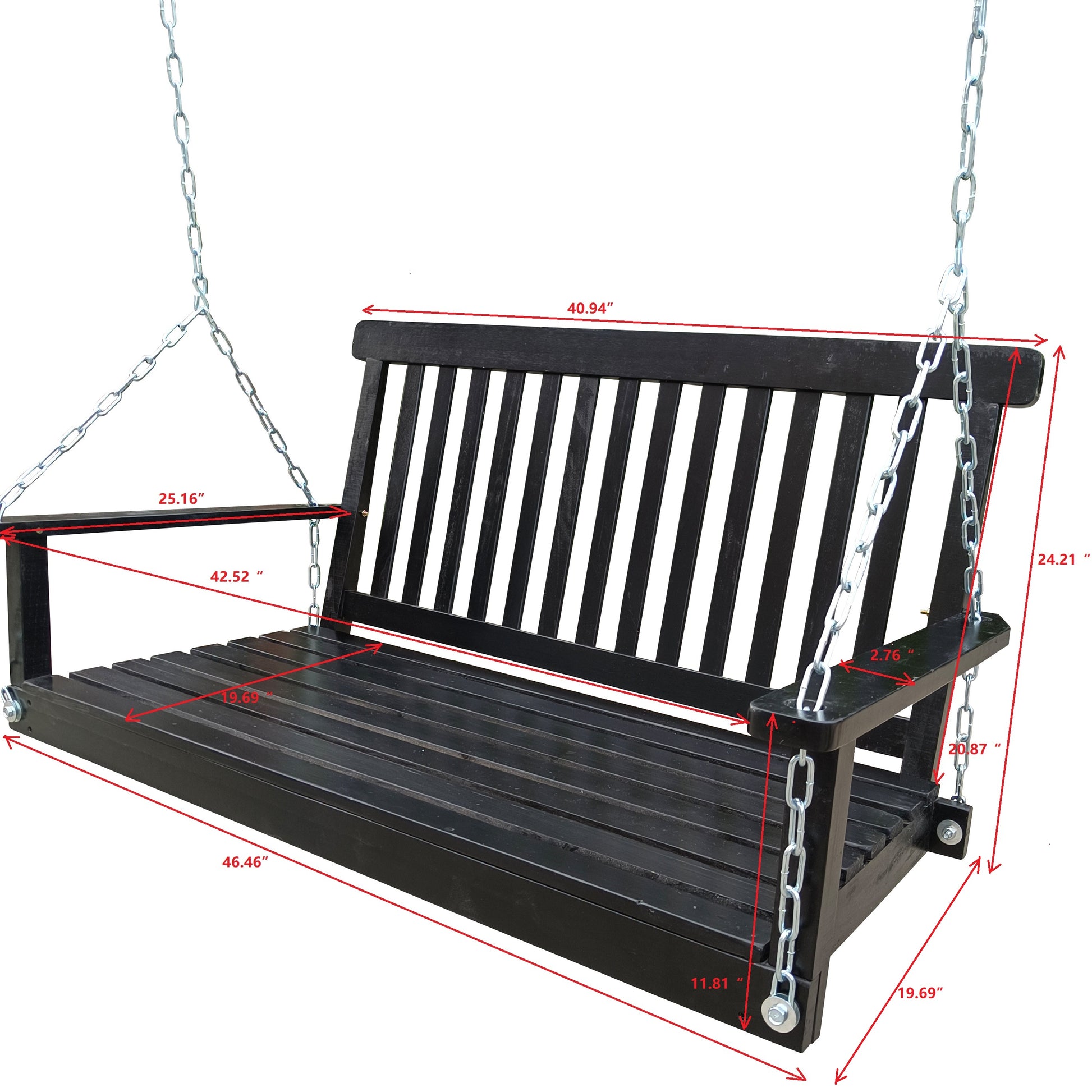 Front Porch Swing with Armrests, Wood Bench Swing with Hanging Chains,for Outdoor Patio,Garden Yard, porch, backyard, or sunroom,Easy to Assemble,black image 8