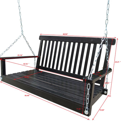Front Porch Swing with Armrests, Wood Bench Swing with Hanging Chains,for Outdoor Patio,Garden Yard, porch, backyard, or sunroom,Easy to Assemble,black image 8