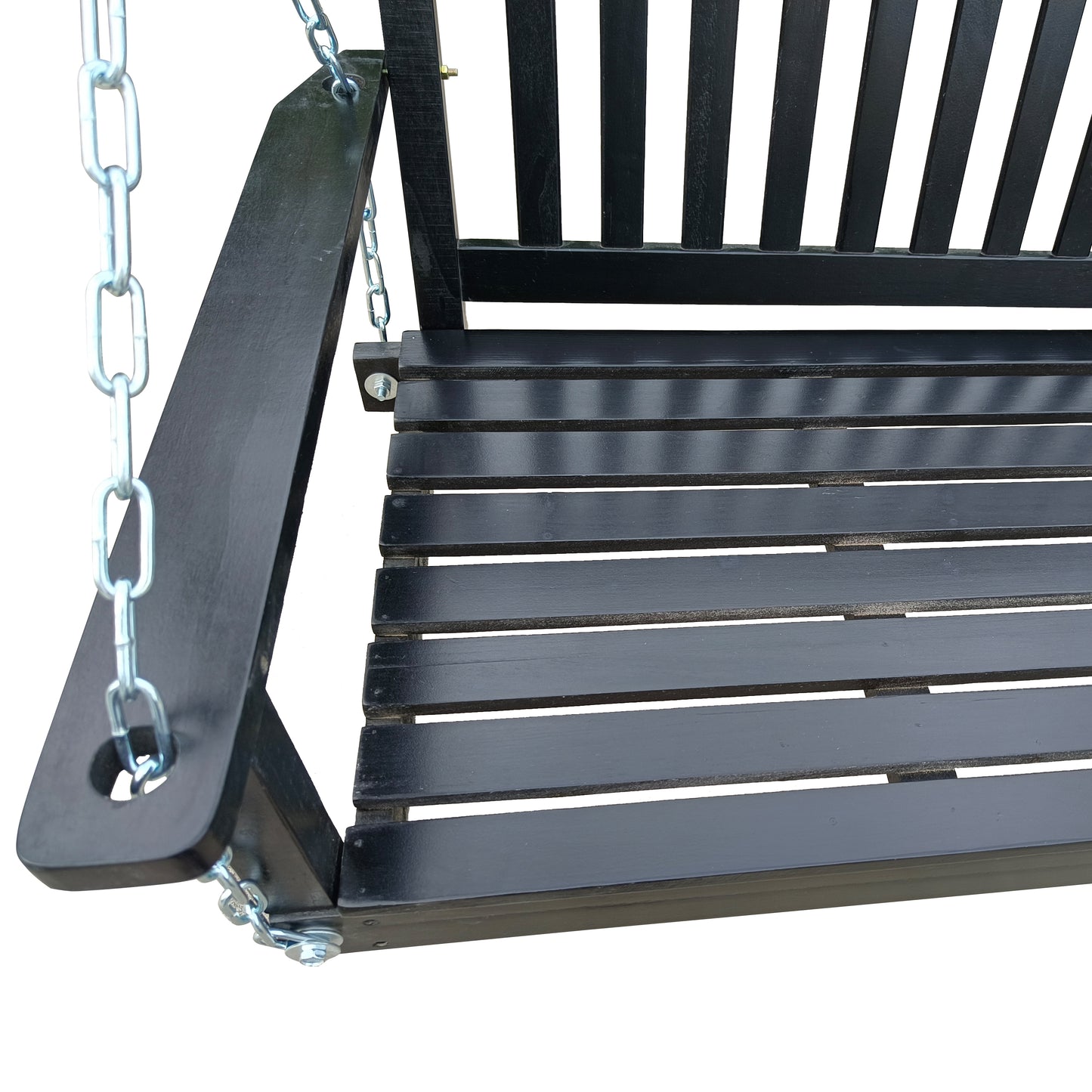 Front Porch Swing with Armrests, Wood Bench Swing with Hanging Chains,for Outdoor Patio,Garden Yard, porch, backyard, or sunroom,Easy to Assemble,black image 7