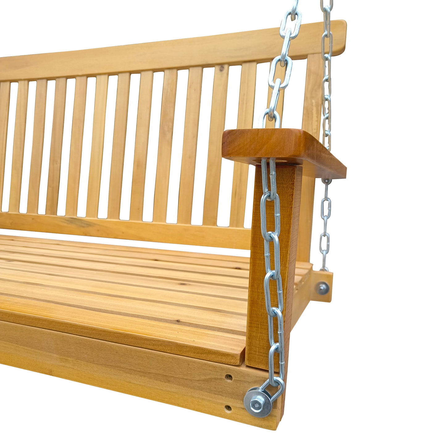 Front Porch Swing with Armrests, Wood Bench Swing with Hanging Chains,for Outdoor Patio,Garden Yard, porch, backyard, or sunroom,Easy to Assemble,teak image 8