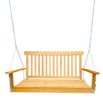Front Porch Swing with Armrests, Wood Bench Swing with Hanging Chains,for Outdoor Patio,Garden Yard, porch, backyard, or sunroom,Easy to Assemble,teak image 2