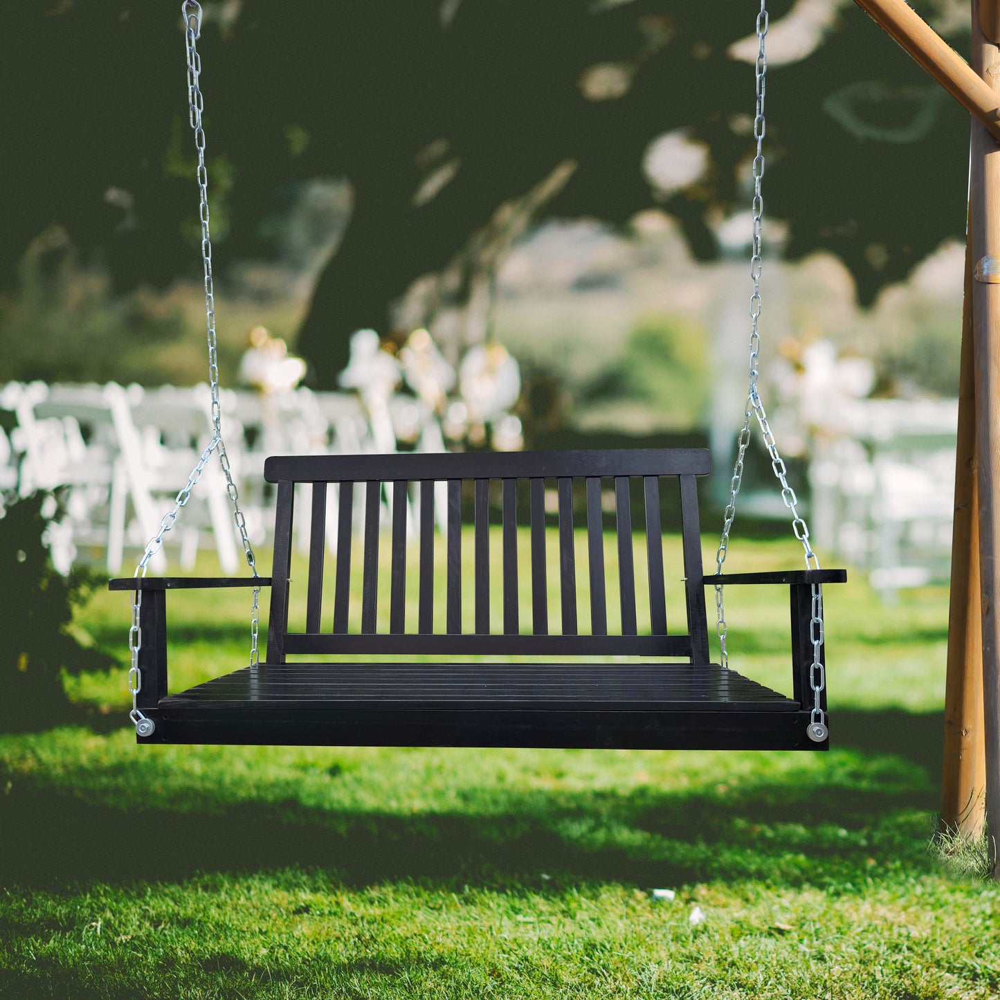Front Porch Swing with Armrests, Wood Bench Swing with Hanging Chains,for Outdoor Patio,Garden Yard, porch, backyard, or sunroom,Easy to Assemble,black image 1