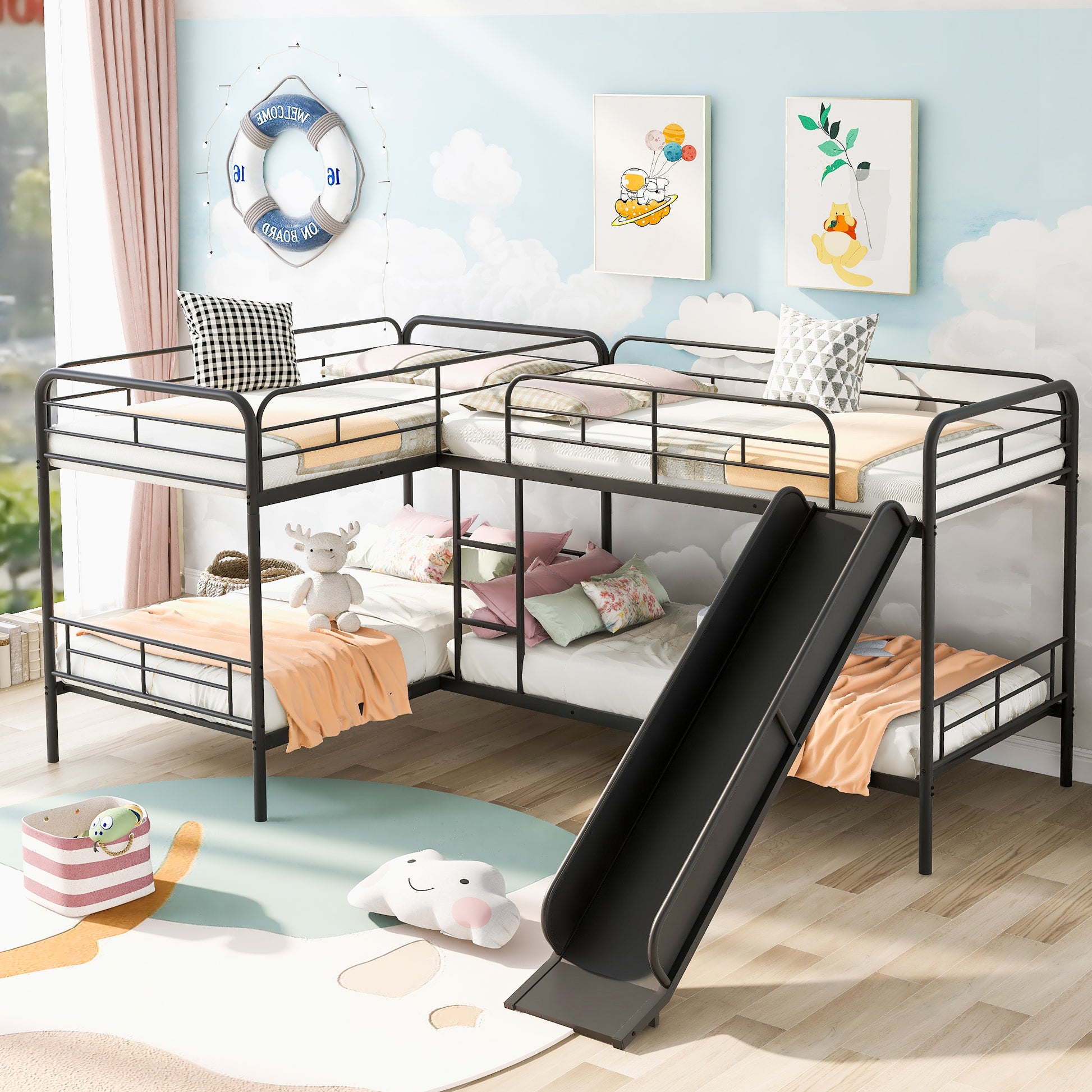 Twin Size L-Shaped Bunk Bed with Slide and Ladder, Black(OLD SKU:GX000615AAB) image 1