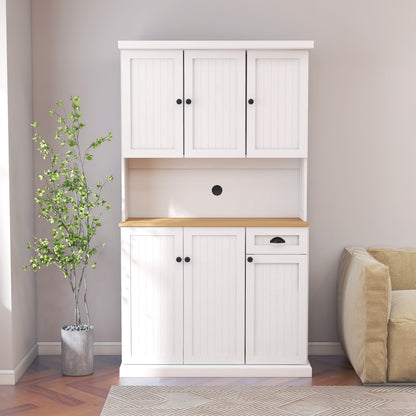 71" Kitchen Pantry Storage Cabinet with Microwave Oven Countertop, Freestanding Hutch Cabinet with Adjustable Shelves, 6 Doors and 1 Drawer-White image 5