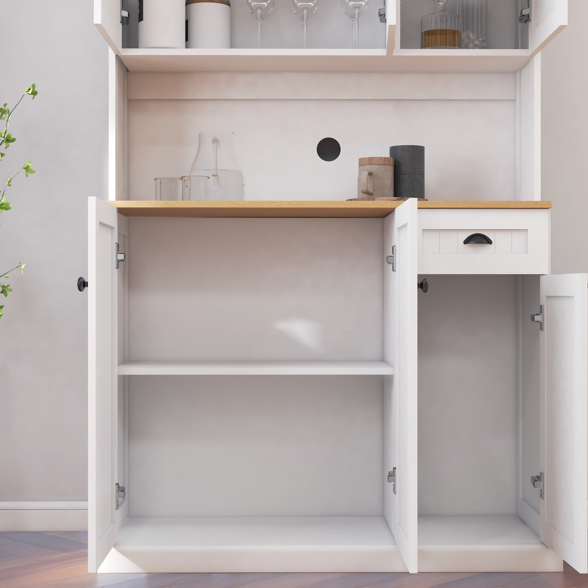71" Kitchen Pantry Storage Cabinet with Microwave Oven Countertop, Freestanding Hutch Cabinet with Adjustable Shelves, 6 Doors and 1 Drawer-White image 6