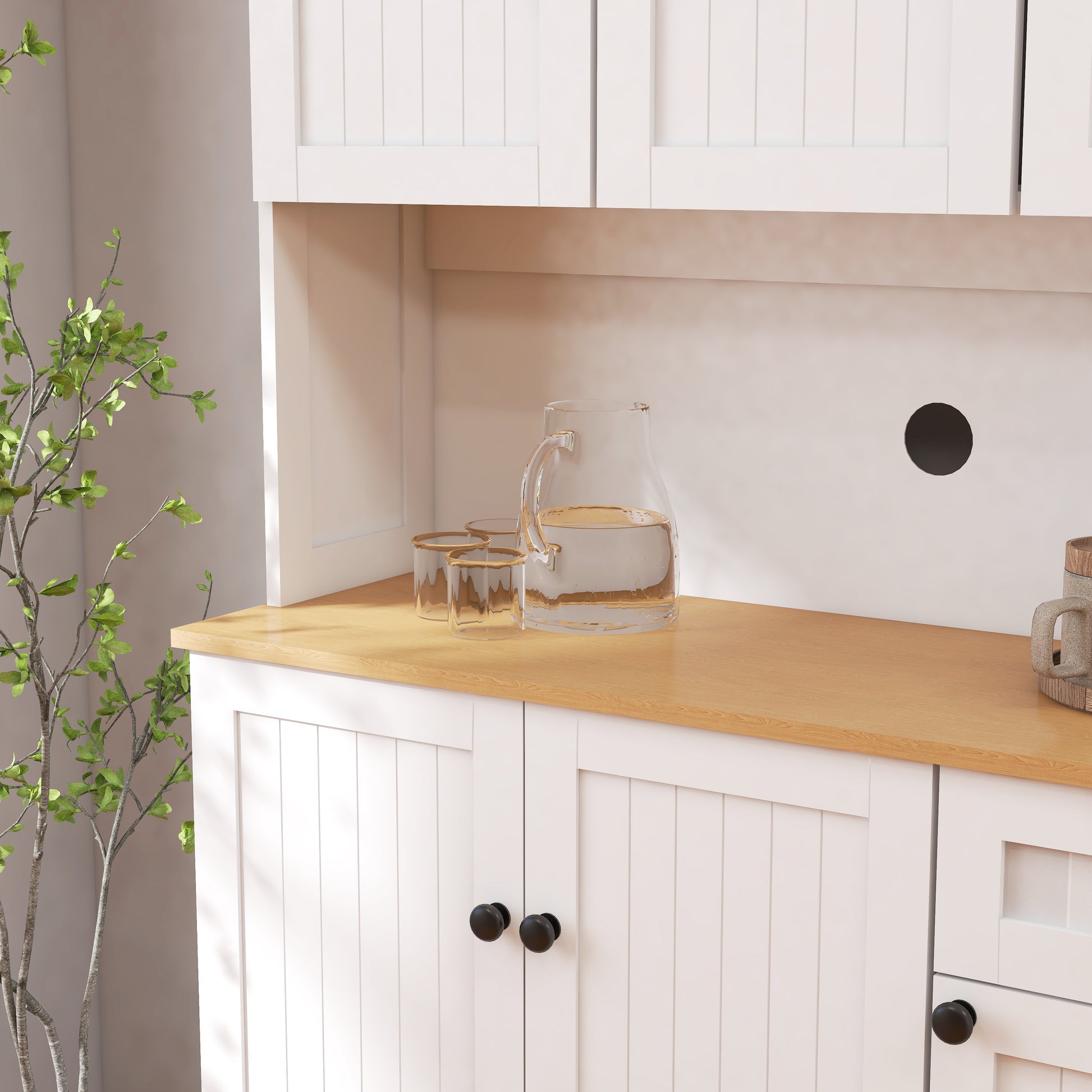 71" Kitchen Pantry Storage Cabinet with Microwave Oven Countertop, Freestanding Hutch Cabinet with Adjustable Shelves, 6 Doors and 1 Drawer-White image 4