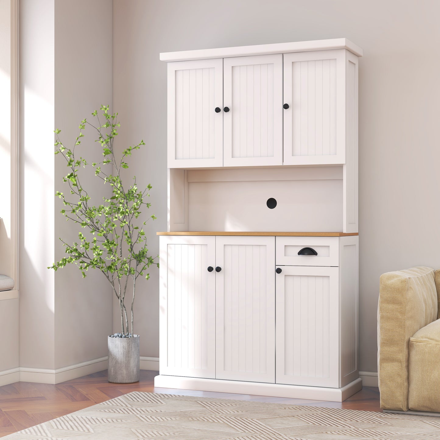 71" Kitchen Pantry Storage Cabinet with Microwave Oven Countertop, Freestanding Hutch Cabinet with Adjustable Shelves, 6 Doors and 1 Drawer-White image 1
