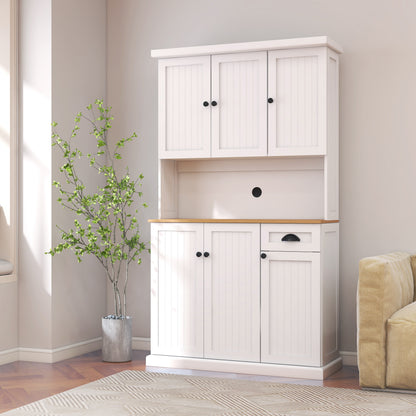 71" Kitchen Pantry Storage Cabinet with Microwave Oven Countertop, Freestanding Hutch Cabinet with Adjustable Shelves, 6 Doors and 1 Drawer-White image 1