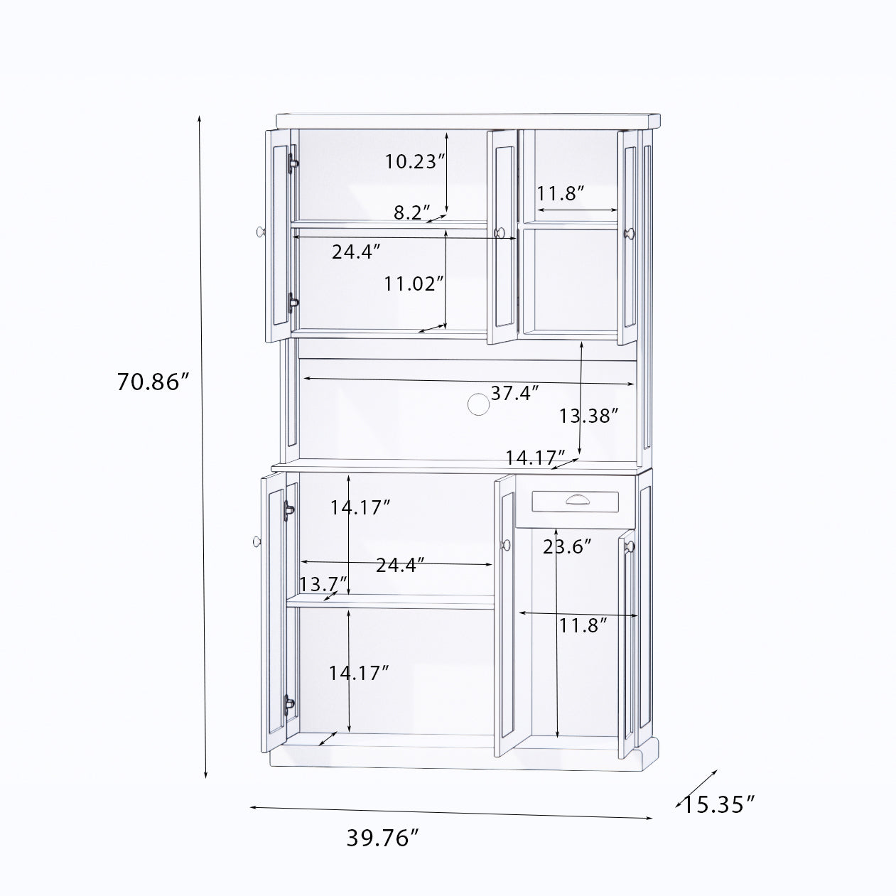 71" Kitchen Pantry Storage Cabinet with Microwave Oven Countertop, Freestanding Hutch Cabinet with Adjustable Shelves, 6 Doors and 1 Drawer-White image 9
