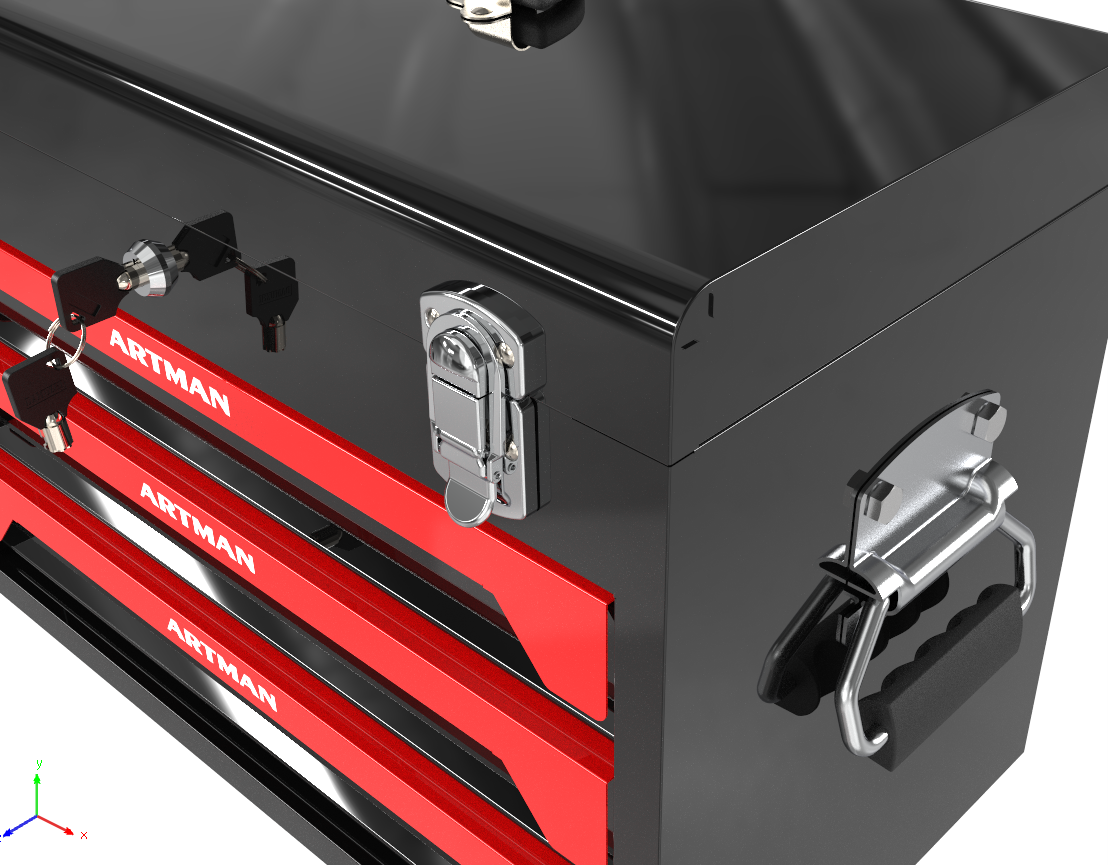 20'' Portable 3-Drawer Steel Toolbox, 4 Layers of Tools with Metal Latches, with Top Storage Tray and carrying Handle, Multi-Function Tool Storage for Garage, Home, or Workbench,Black&Red image 5