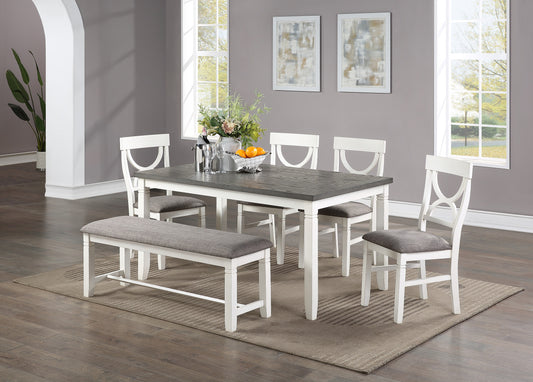 White 6-piece dining set with table, 4 chairs and bench - front view