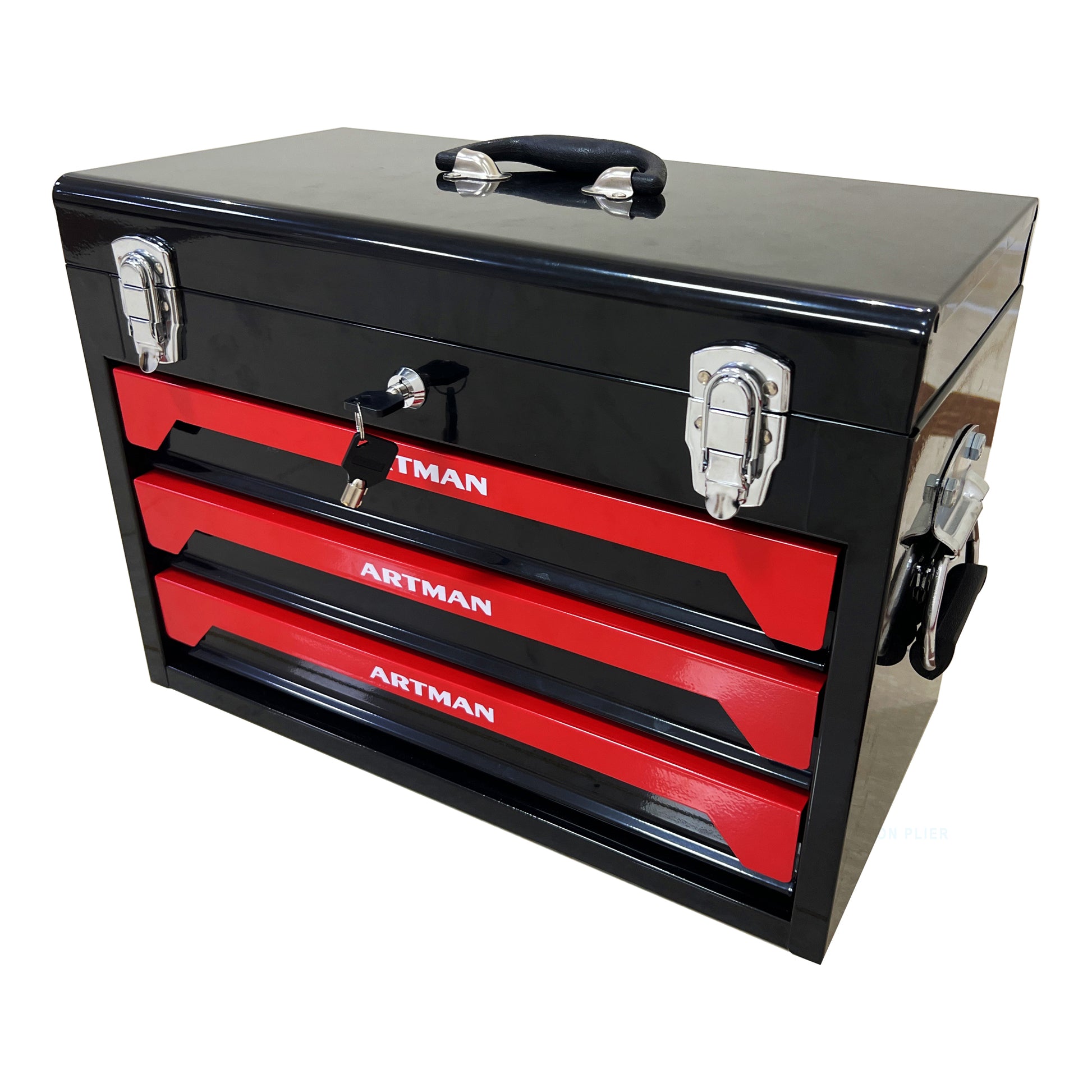 20'' Portable 3-Drawer Steel Toolbox, 4 Layers of Tools with Metal Latches, with Top Storage Tray and carrying Handle, Multi-Function Tool Storage for Garage, Home, or Workbench,Black&Red image 4