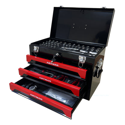 20'' Portable 3-Drawer Steel Toolbox, 4 Layers of Tools with Metal Latches, with Top Storage Tray and carrying Handle, Multi-Function Tool Storage for Garage, Home, or Workbench,Black&Red image 1
