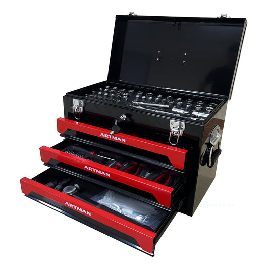 20 inch portable steel toolbox with 3 drawers and tools - front view