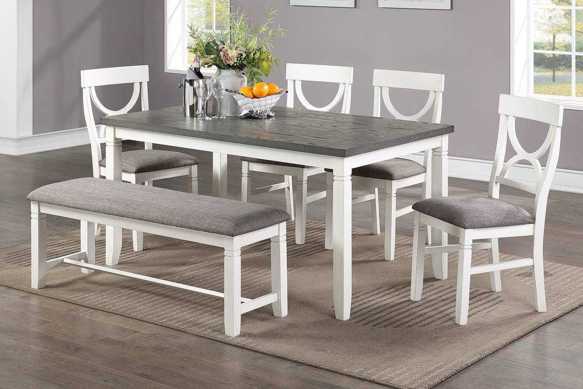 Dining Room Furniture White 6pc Dining Set Table 4 Side Chairs and A Bench Rubberwood MDF image 2