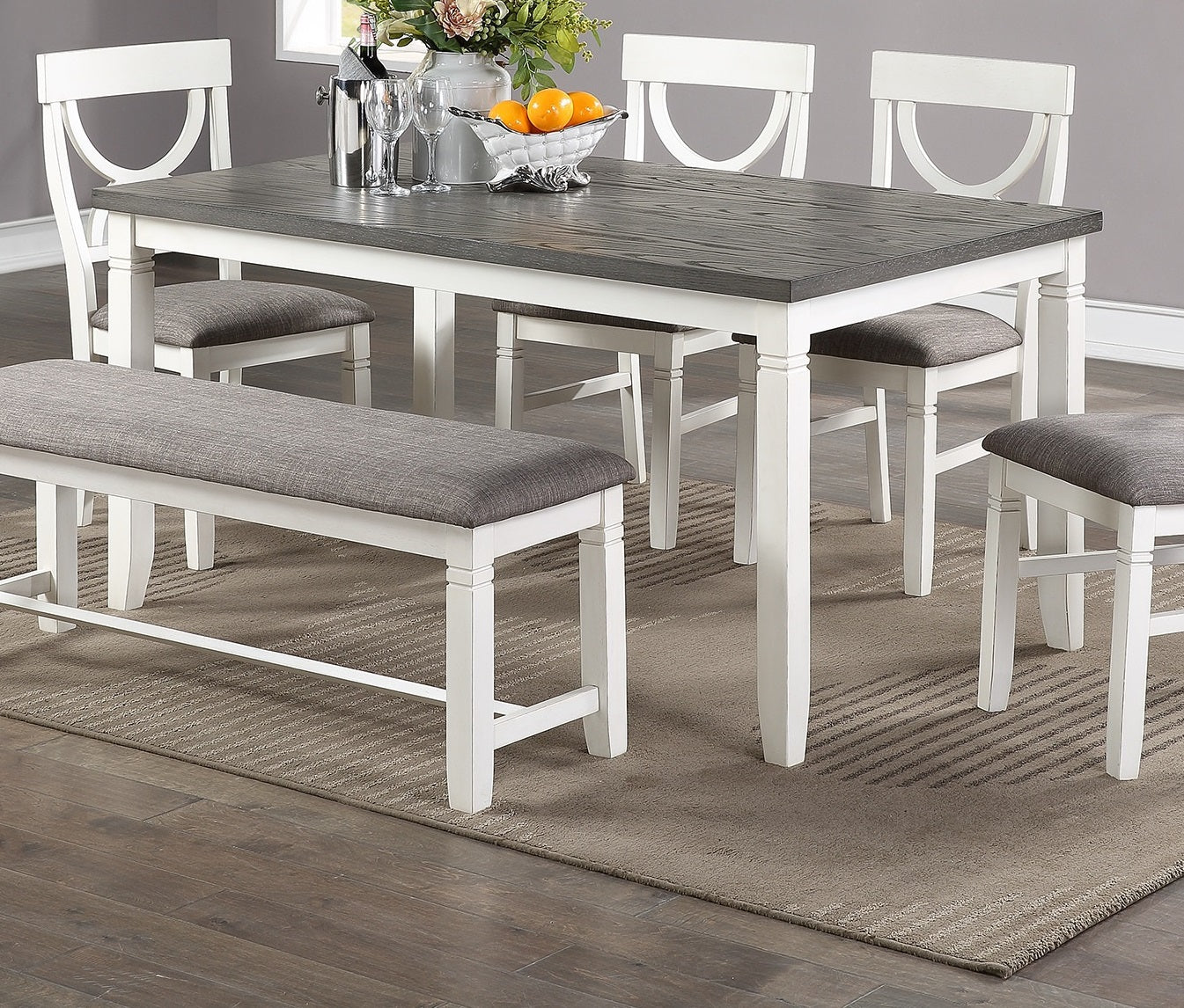 Dining Room Furniture White 6pc Dining Set Table 4 Side Chairs and A Bench Rubberwood MDF image 6