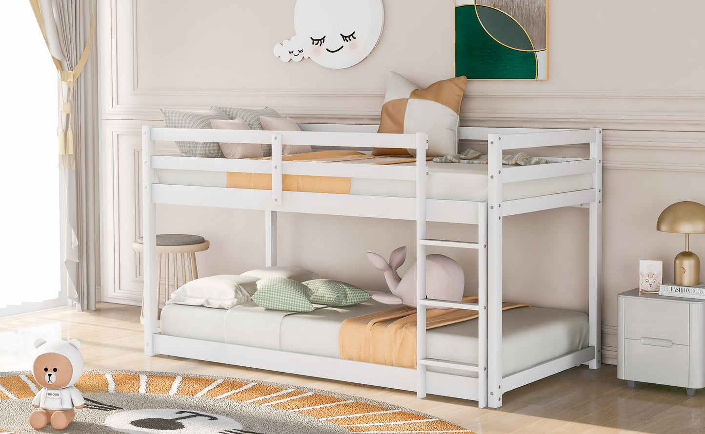 Twin over Twin Floor Bunk Bed with Ladder, White(Old SKU:WF281727AAK/WF286602AAK) image 3