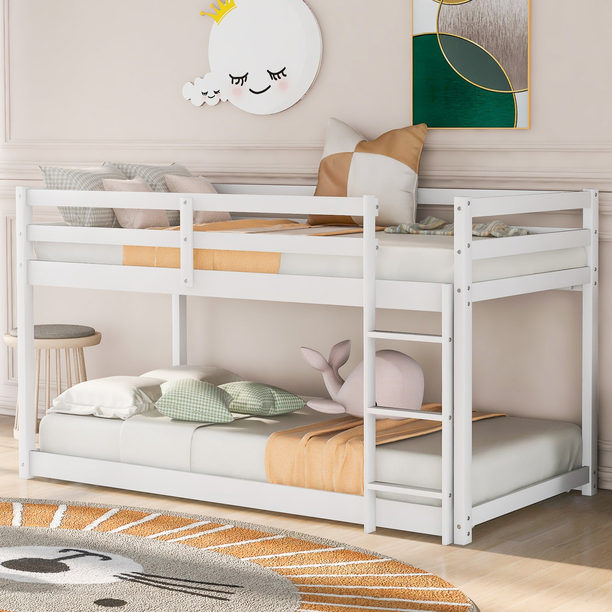 Twin over Twin Floor Bunk Bed with Ladder, White(Old SKU:WF281727AAK/WF286602AAK) image 1