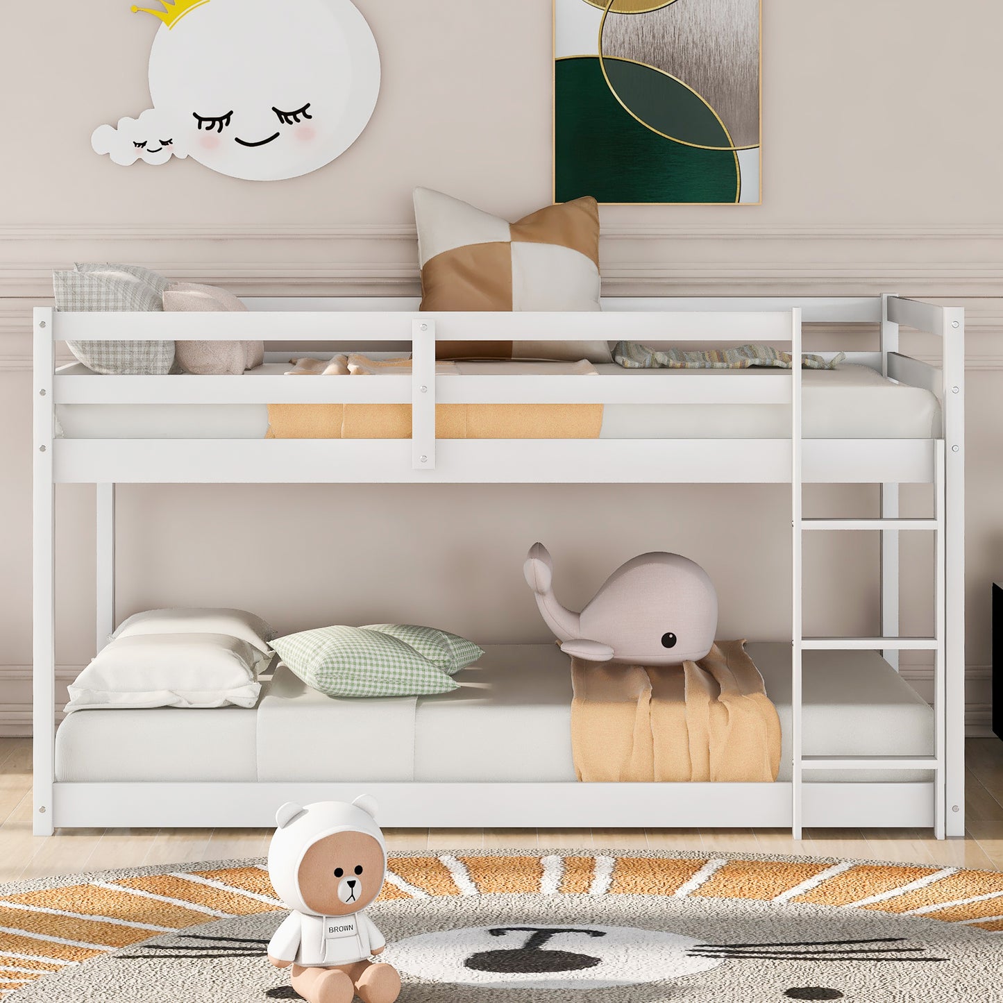 Twin over Twin Floor Bunk Bed with Ladder, White(Old SKU:WF281727AAK/WF286602AAK) image 2