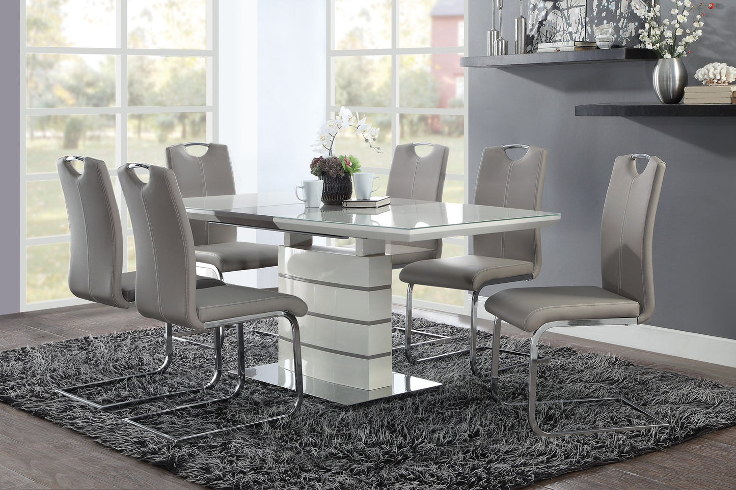 Unique Style Chrome Metal Finish Side Chairs 2pc Set Gray-Taupe Faux Leather Upholstered Casual Dining Furniture image 4