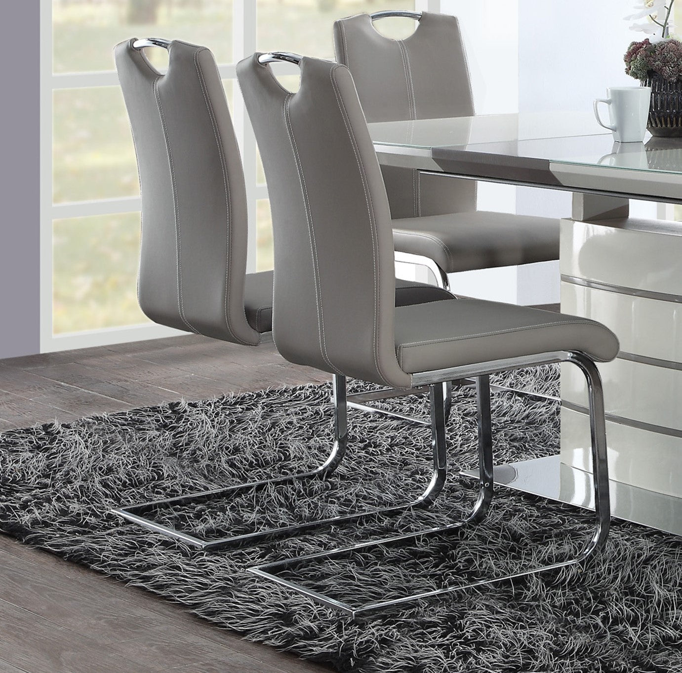 Unique Style Chrome Metal Finish Side Chairs 2pc Set Gray-Taupe Faux Leather Upholstered Casual Dining Furniture image 3