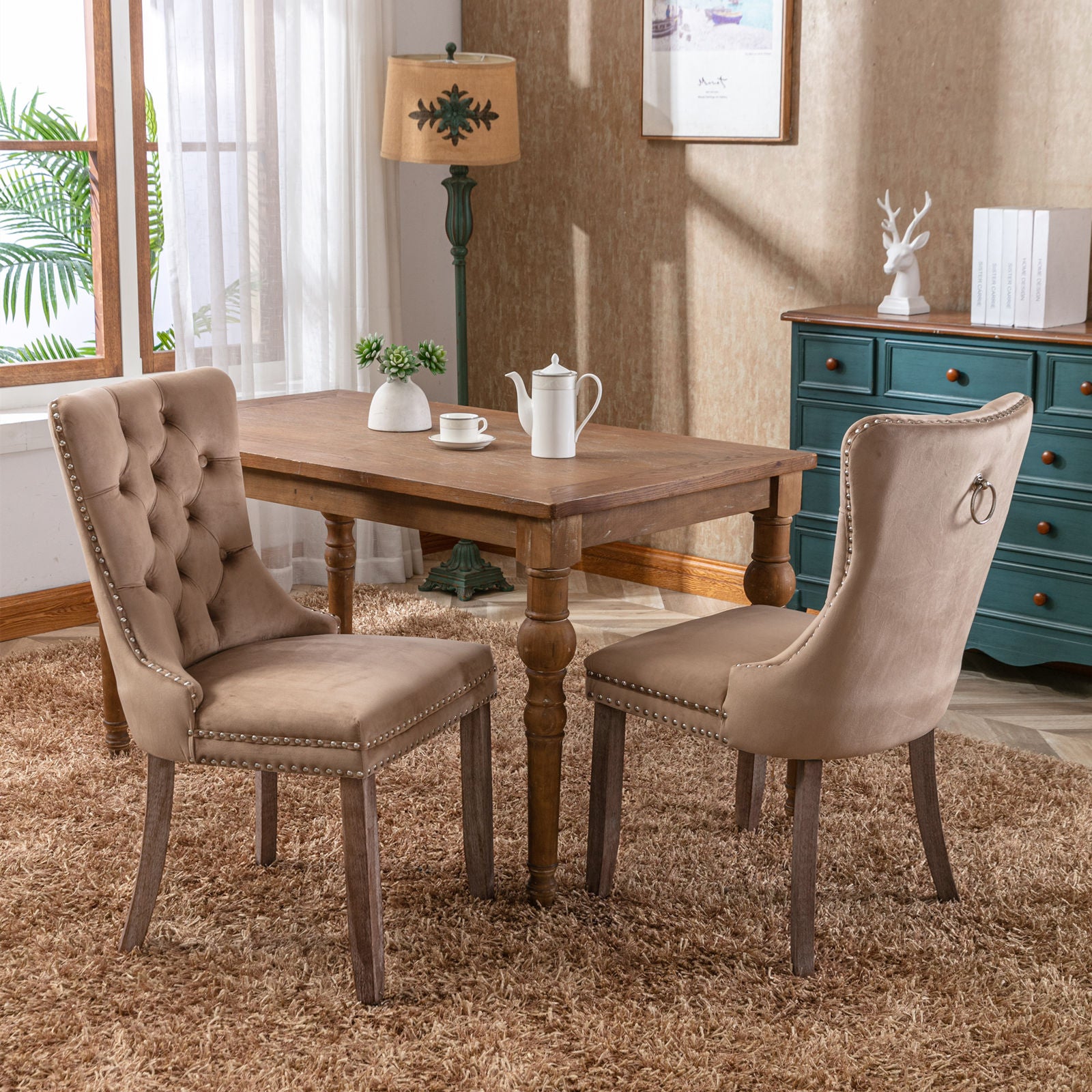 Nikki Collection Modern, High-end Tufted Solid Wood Contemporary Velvet Upholstered Dining Chair with Wood Legs Nailhead Trim 2-Pcs Set, Khaki, SW2001KK image 10