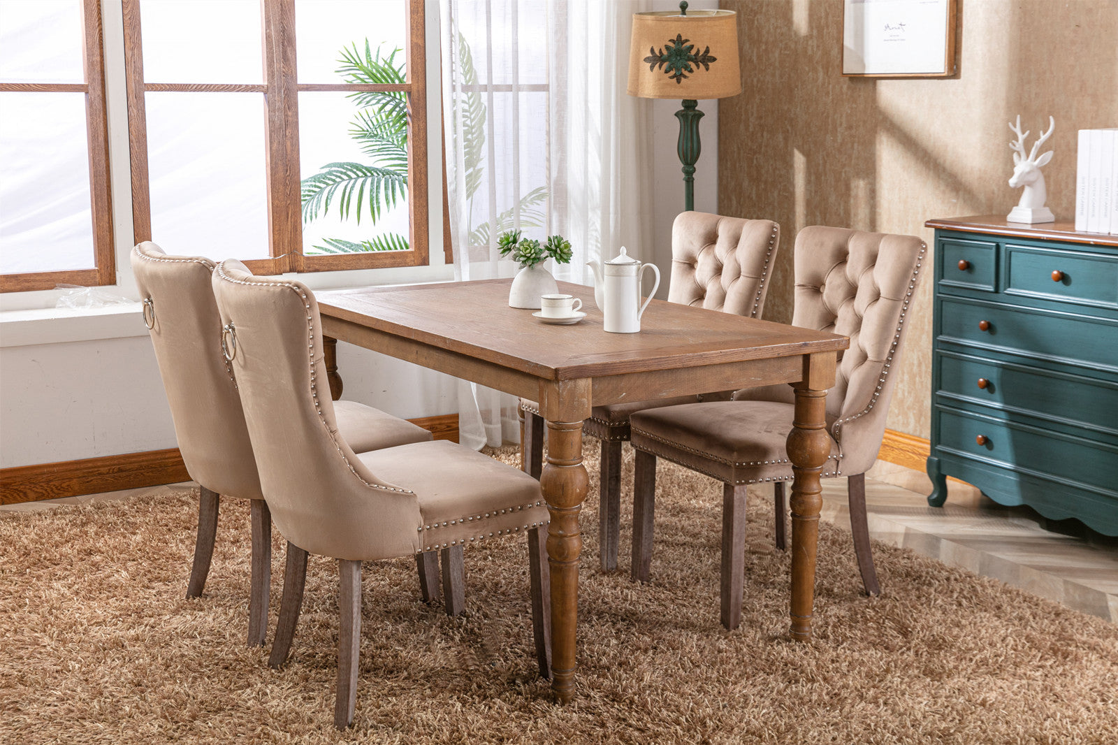 Nikki Collection Modern, High-end Tufted Solid Wood Contemporary Velvet Upholstered Dining Chair with Wood Legs Nailhead Trim 2-Pcs Set, Khaki, SW2001KK image 12