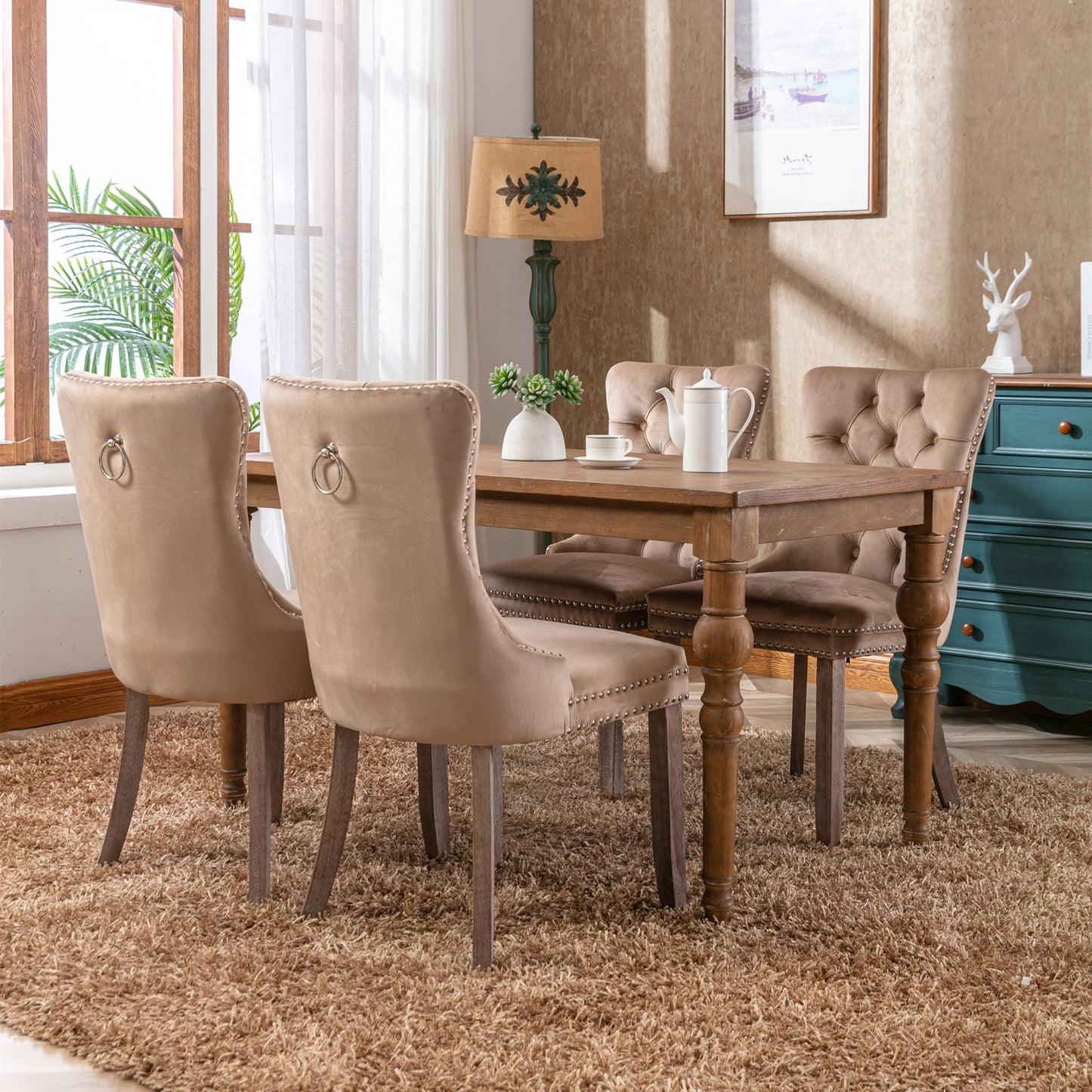 Nikki Collection Modern, High-end Tufted Solid Wood Contemporary Velvet Upholstered Dining Chair with Wood Legs Nailhead Trim 2-Pcs Set, Khaki, SW2001KK image 11