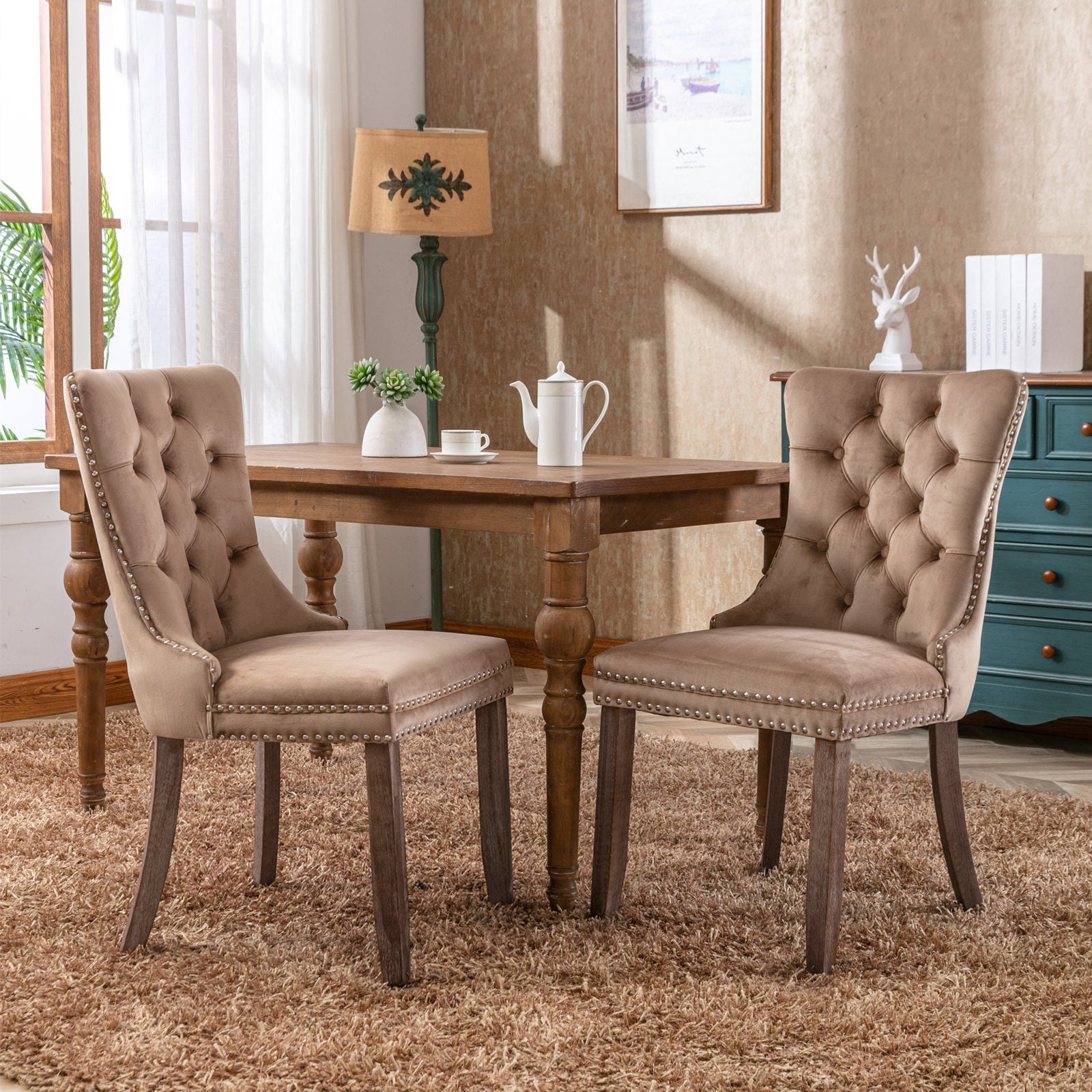 Nikki Collection Modern, High-end Tufted Solid Wood Contemporary Velvet Upholstered Dining Chair with Wood Legs Nailhead Trim 2-Pcs Set, Khaki, SW2001KK image 1