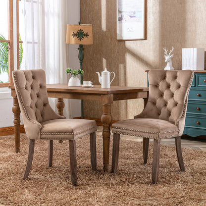 Nikki Collection Modern, High-end Tufted Solid Wood Contemporary Velvet Upholstered Dining Chair with Wood Legs Nailhead Trim 2-Pcs Set, Khaki, SW2001KK image 1