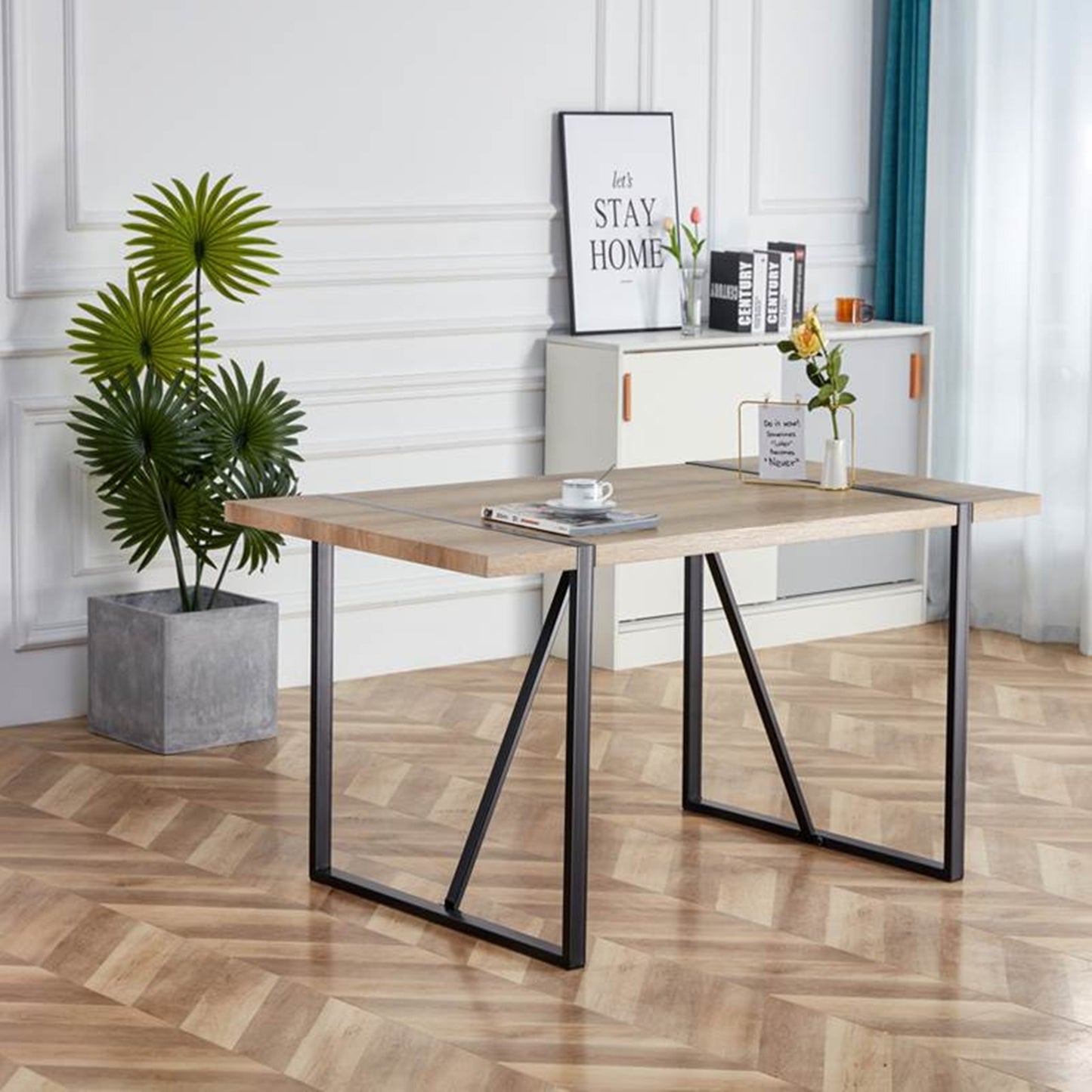 Rustic Industrial Rectangular Wood Dining Table For 4-6 Person, With 1.5" Thick Engineered Wood color Tabletop and Black Metal Legs,Desk For Kitchen Dining Living Room, 55.1" x 31.4"x 29.9"1529W115172 image 7