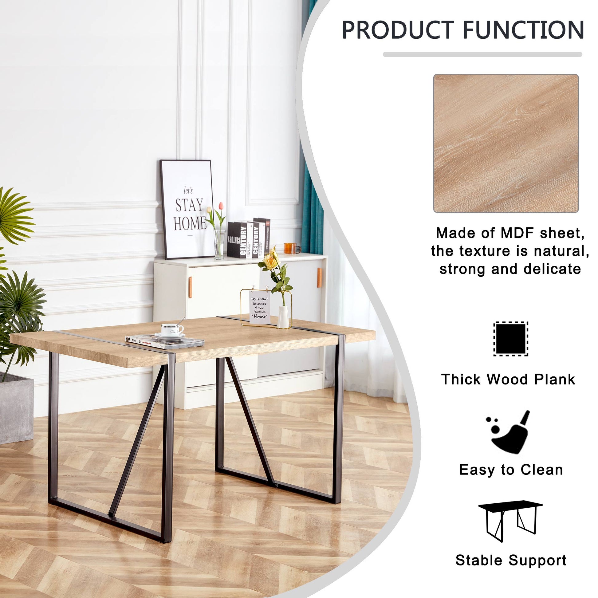 Rustic Industrial Rectangular Wood Dining Table For 4-6 Person, With 1.5" Thick Engineered Wood color Tabletop and Black Metal Legs,Desk For Kitchen Dining Living Room, 55.1" x 31.4"x 29.9"1529W115172 image 9