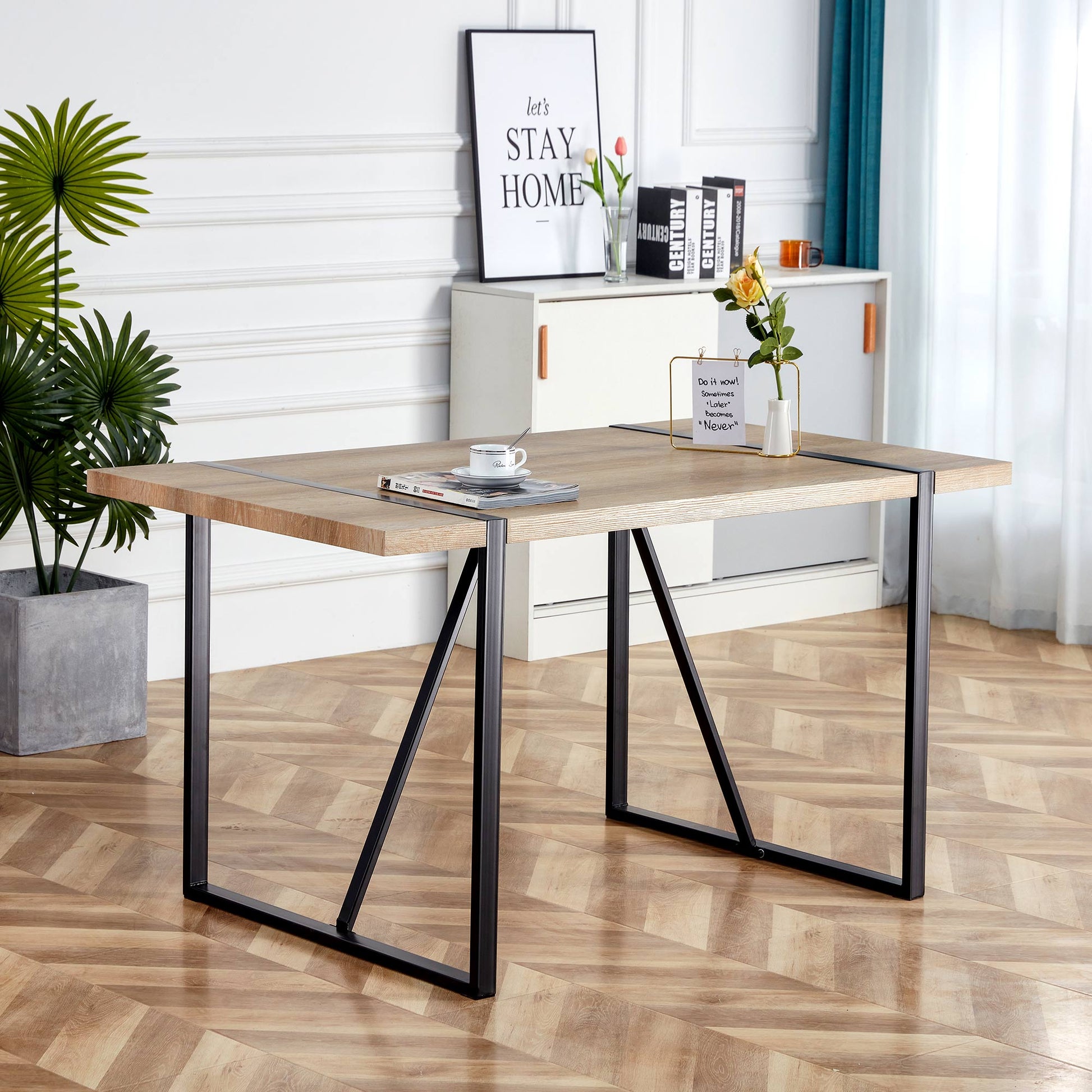 Rustic Industrial Rectangular Wood Dining Table For 4-6 Person, With 1.5" Thick Engineered Wood color Tabletop and Black Metal Legs,Desk For Kitchen Dining Living Room, 55.1" x 31.4"x 29.9"1529W115172 image 5