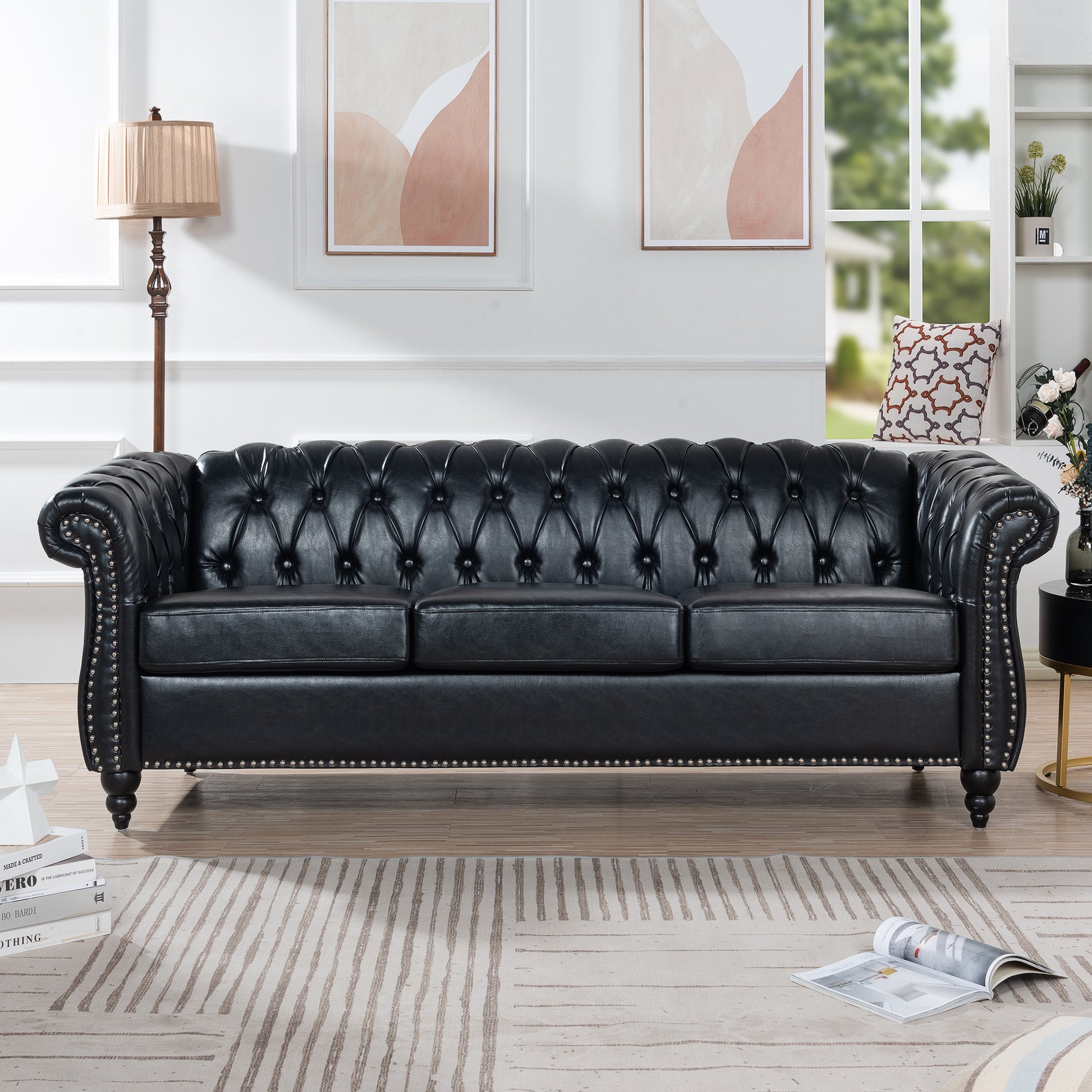 84.65" BLACK PU Rolled Arm Chesterfield Three Seater Sofa. image 1