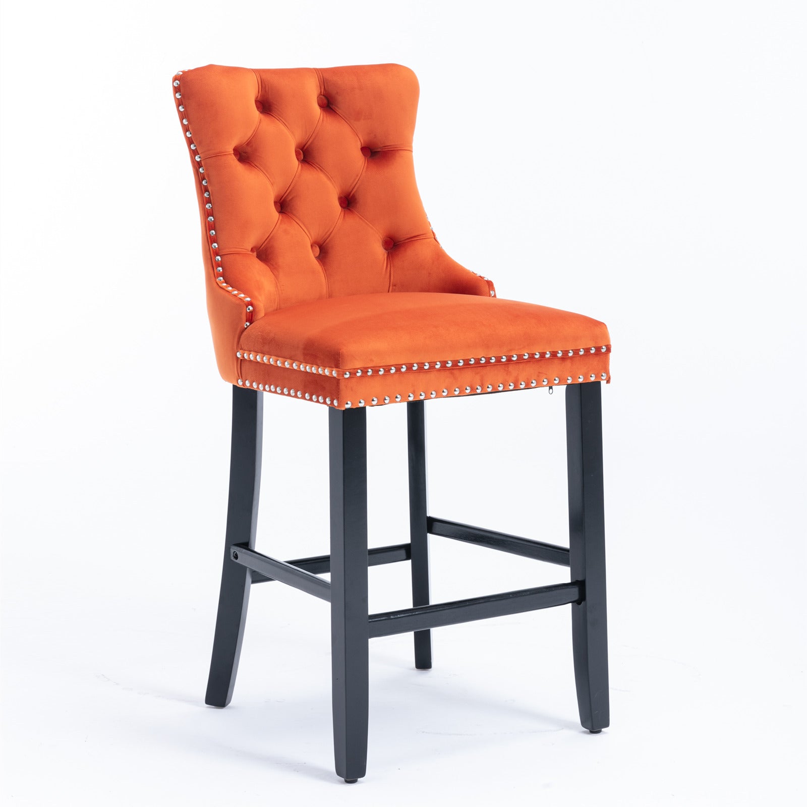 Contemporary Velvet Upholstered Barstools with Button Tufted Decoration and Wooden Legs, and Chrome Nailhead Trim, Leisure Style Bar Chairs,Bar stools, Set of 2 (Orange),SW2002OG image 3
