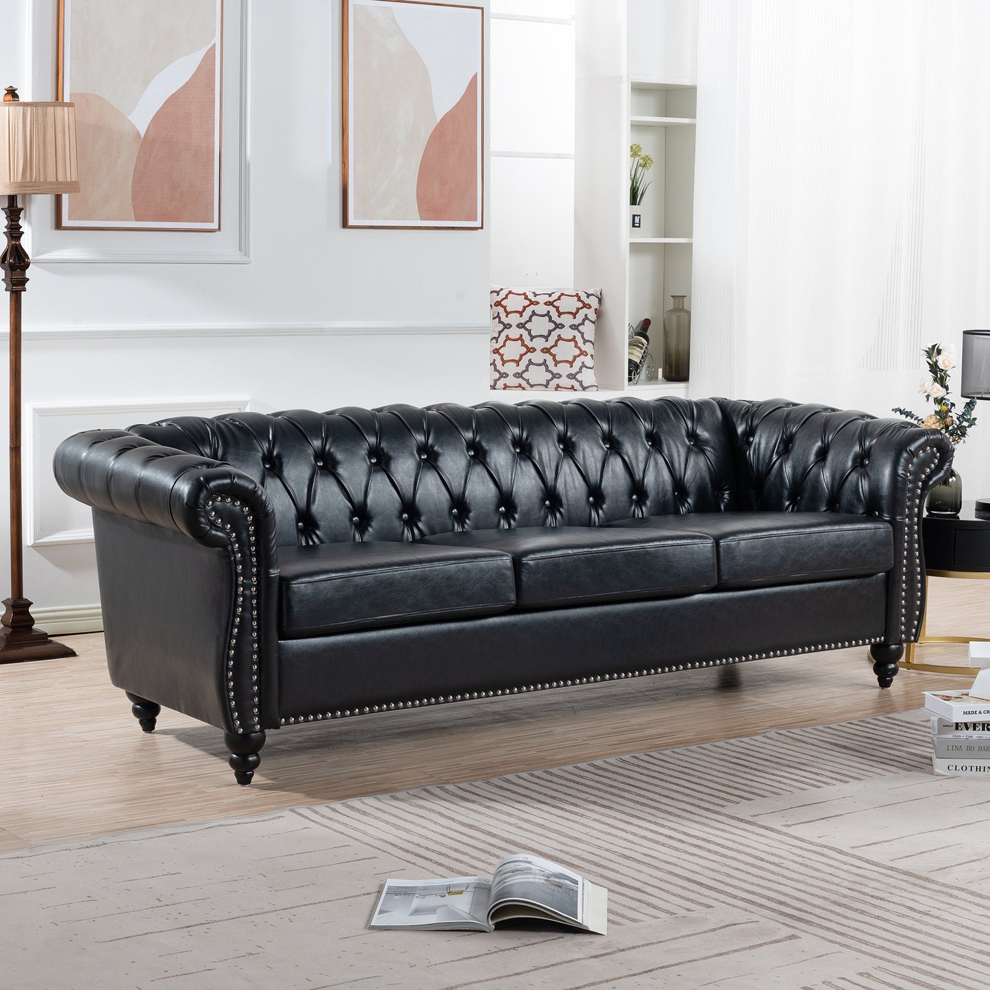 84.65" BLACK PU Rolled Arm Chesterfield Three Seater Sofa. image 2