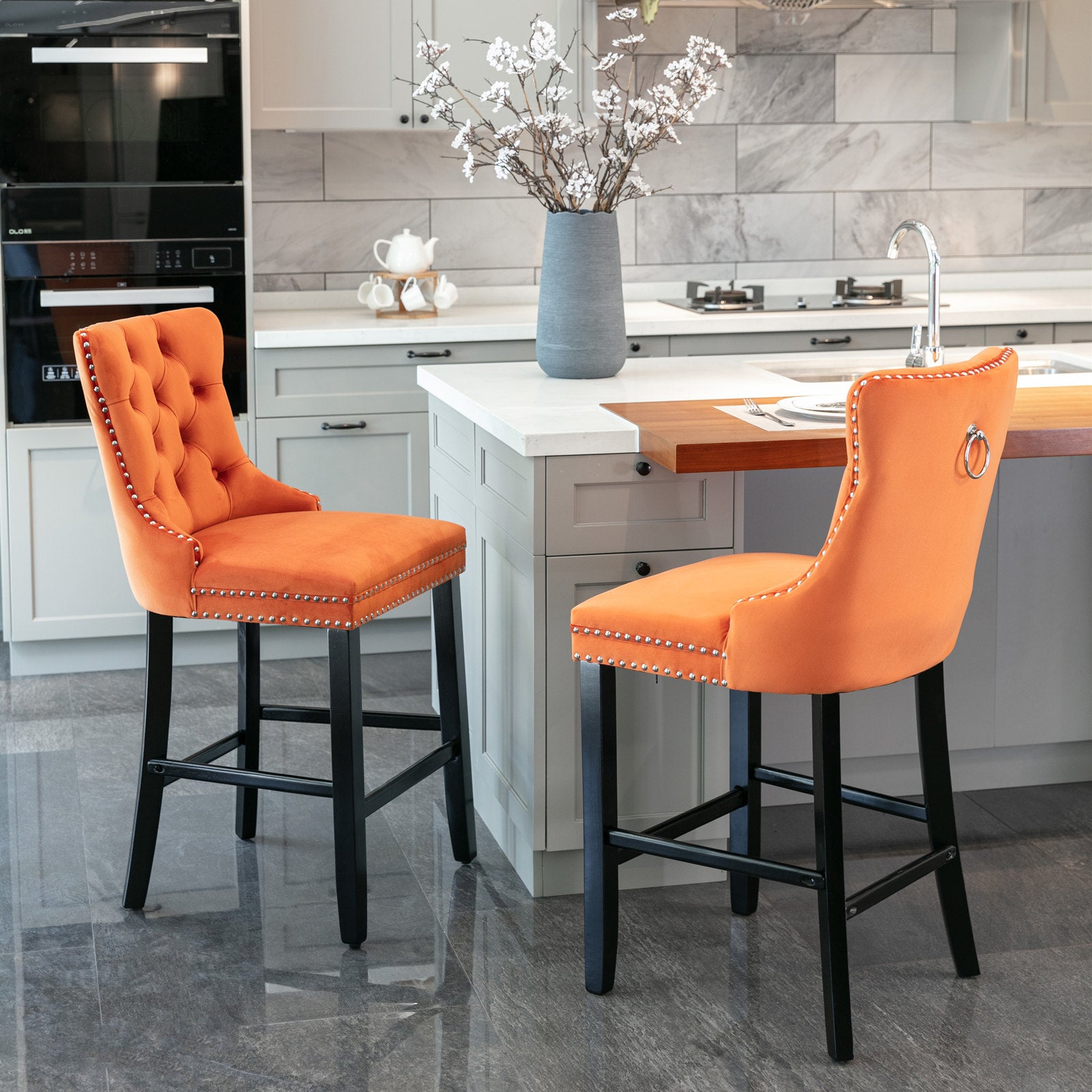 Contemporary Velvet Upholstered Barstools with Button Tufted Decoration and Wooden Legs, and Chrome Nailhead Trim, Leisure Style Bar Chairs,Bar stools, Set of 2 (Orange),SW2002OG image 1