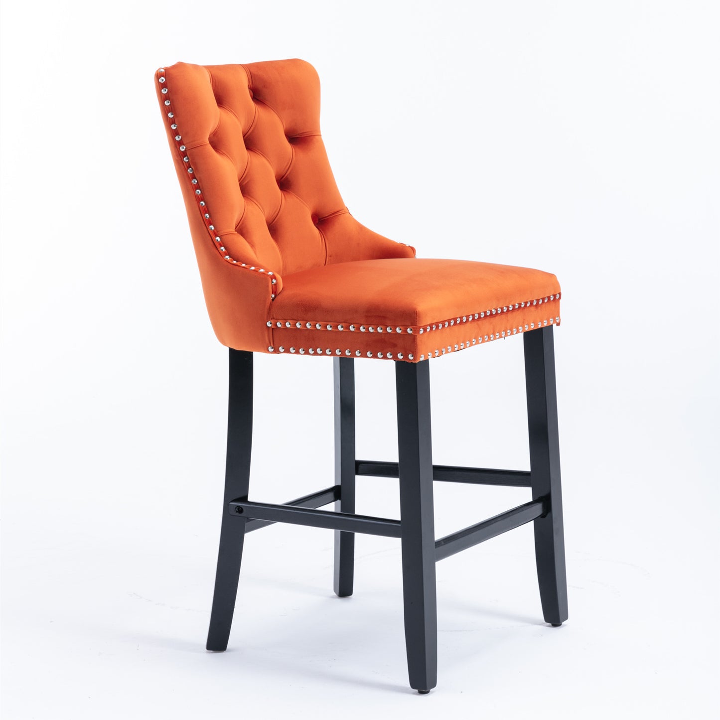 Contemporary Velvet Upholstered Barstools with Button Tufted Decoration and Wooden Legs, and Chrome Nailhead Trim, Leisure Style Bar Chairs,Bar stools, Set of 2 (Orange),SW2002OG image 4