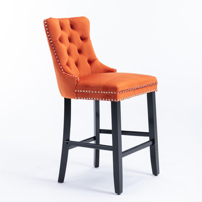 Contemporary Velvet Upholstered Barstools with Button Tufted Decoration and Wooden Legs, and Chrome Nailhead Trim, Leisure Style Bar Chairs,Bar stools, Set of 2 (Orange),SW2002OG image 4