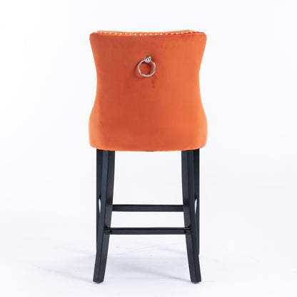Contemporary Velvet Upholstered Barstools with Button Tufted Decoration and Wooden Legs, and Chrome Nailhead Trim, Leisure Style Bar Chairs,Bar stools, Set of 2 (Orange),SW2002OG image 7