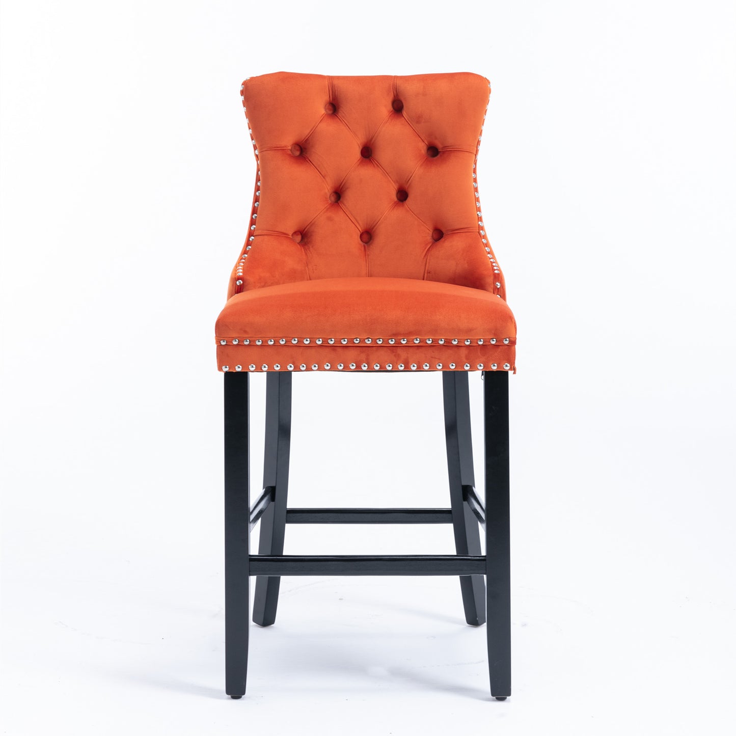 Contemporary Velvet Upholstered Barstools with Button Tufted Decoration and Wooden Legs, and Chrome Nailhead Trim, Leisure Style Bar Chairs,Bar stools, Set of 2 (Orange),SW2002OG image 2