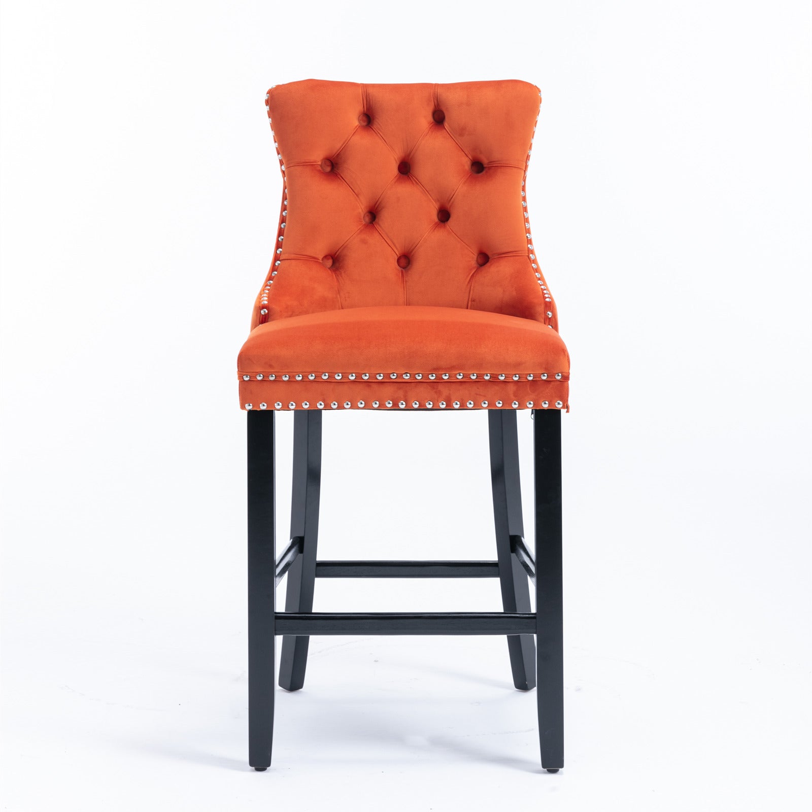 Contemporary Velvet Upholstered Barstools with Button Tufted Decoration and Wooden Legs, and Chrome Nailhead Trim, Leisure Style Bar Chairs,Bar stools, Set of 2 (Orange),SW2002OG image 2