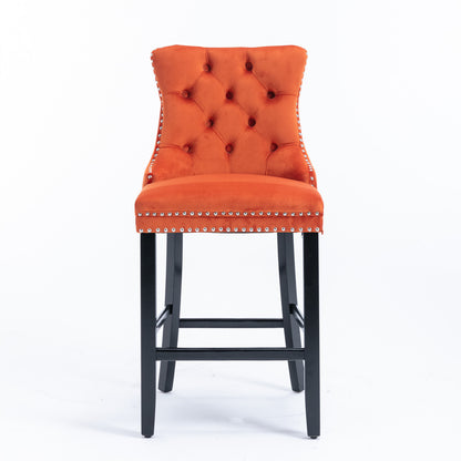 Contemporary Velvet Upholstered Barstools with Button Tufted Decoration and Wooden Legs, and Chrome Nailhead Trim, Leisure Style Bar Chairs,Bar stools, Set of 2 (Orange),SW2002OG image 2