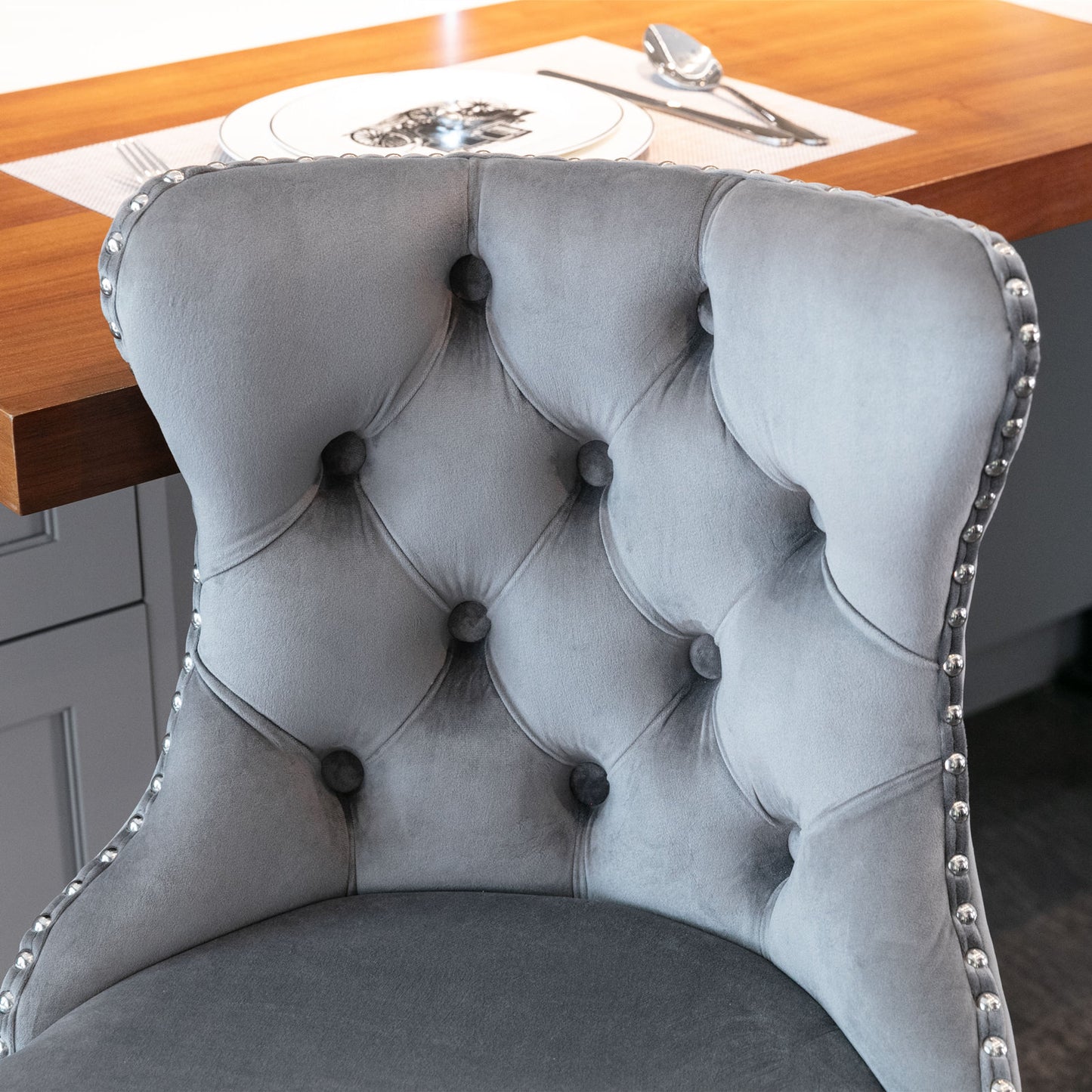 A&A Furniture,Swivel Velvet Barstools Adjusatble Seat Height from 25-33 Inch, Modern Upholstered Chrome base Bar Stools with Backs Comfortable Tufted for Home Pub and Kitchen Island（Gray,Set of 2） image 8