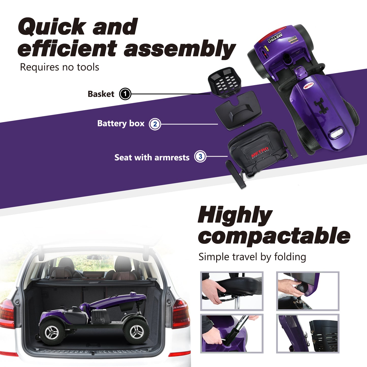 MAX PLUS DARK PURPLE 4 Wheels Outdoor Compact Mobility Scooter with 2pcs*20AH Lead acid Battery, 16 Miles, Cup Holders & USB charger Port image 6