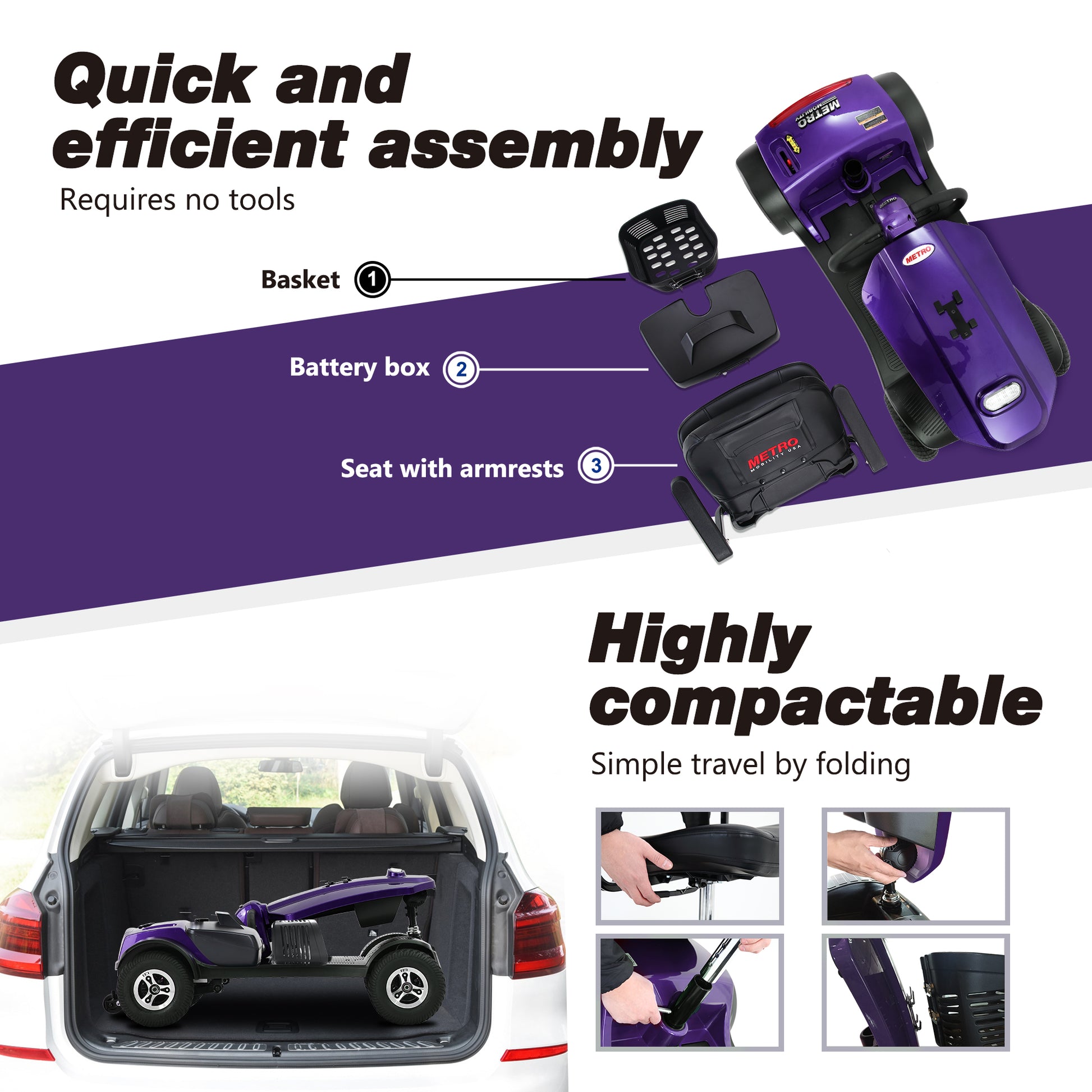 MAX PLUS DARK PURPLE 4 Wheels Outdoor Compact Mobility Scooter with 2pcs*20AH Lead acid Battery, 16 Miles, Cup Holders & USB charger Port image 6